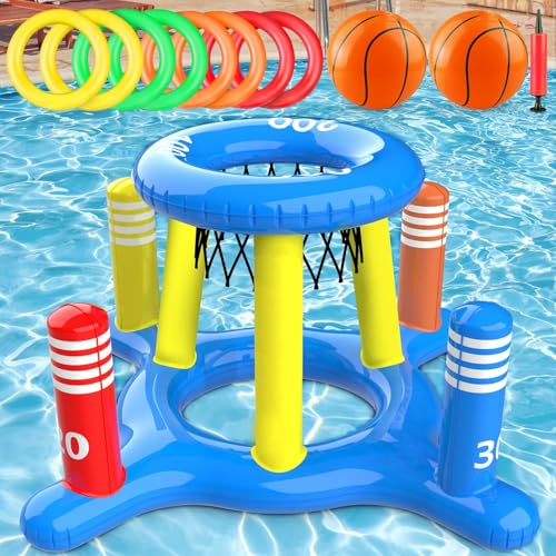 Cafiuio Pool Toys for Kids Adult 2in1 Inflatable Pool Floats Basketball Hoop & Ring Game Swimming Pool Games for Adults and Family Outdoor Party Poolside Water Toy for Boys Girls Kids Ages 4-8-12