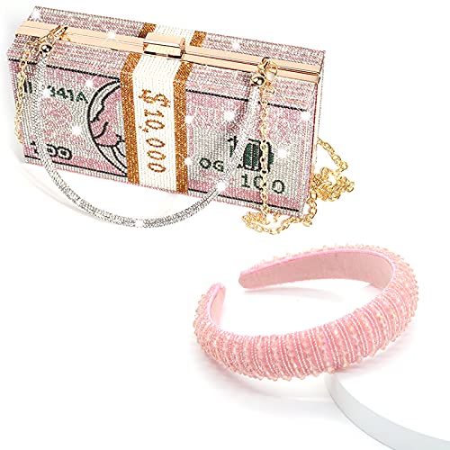 Nother Rhinestone US Dollar Money Purse Evening Handbags Wedding Dinner Bag, Stack Of Cash Clutch Purses,With Crystal Headbands, Pink Set, L 8.1 x W 2.16 x H 4.13 inches