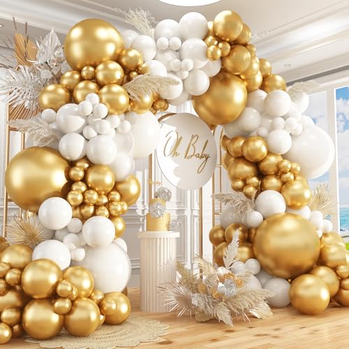 Image of 412Pcs White and Gold Balloon Arch Kit,18 12 10 5 Inch Gold balloons White Metallic Gold Latex Different Sizes Balloon Garland kit for Birthday Anniversary Wedding Baby Shower Party Decorations