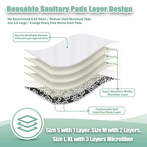 Image of Wegreeco Reusable Menstrual Pads - Soft Cloth Sanitary Pads | Panty Liners - 6 Pack with 1 Cloth Wet Bag (Black, Grey Lace, Large)