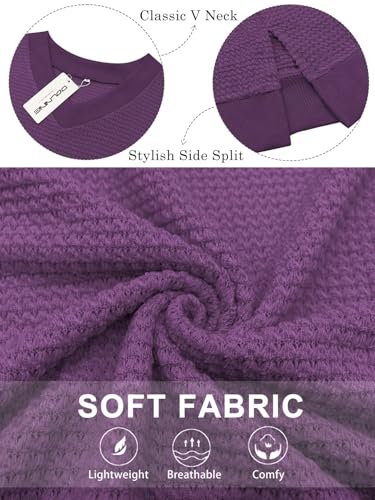 Image of DOLNINE Plus-Size-Tops for Women Casual V Neck Pullover Cute Waffle Knit Lantern Sleeve Sweaters Fashion Side Split Tunics