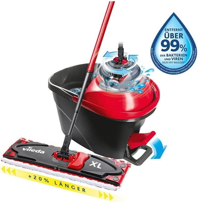 – Ultramax XL Turbo 2-in-1 floor mop complete set, extra wide mop with handle, microfiber cover and bucket with power spinner, for all hard floors, wiper plate 42 cm, handle length 75-130 cm