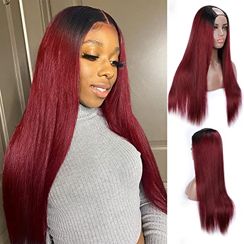 Straight U Part Wig Human Hair For Black Women 1B/99J Burgundy Ombre Color With Dark Roots Straight U Part Clip in Glueless Wig Wine Red Wig 150% Density Supernova Hair (22 Inch)