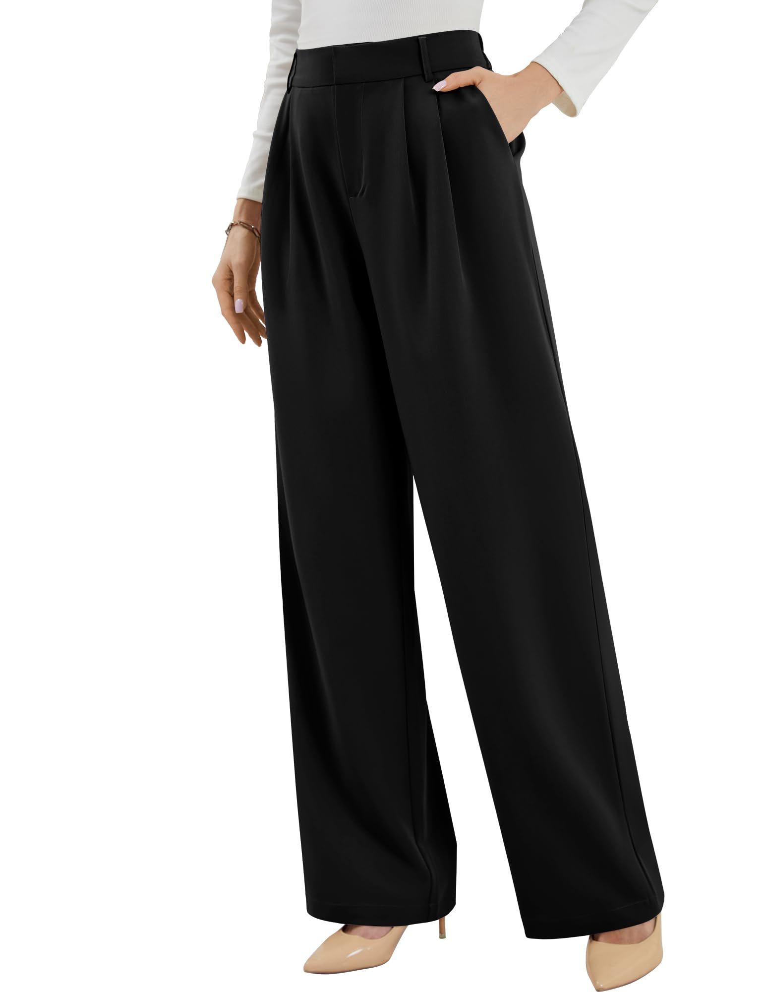 FABRACK Womens Wide Leg Dress Pants Elastic Waist Comfy Work Pants Business Casual Office Travel Slacks with Pockets