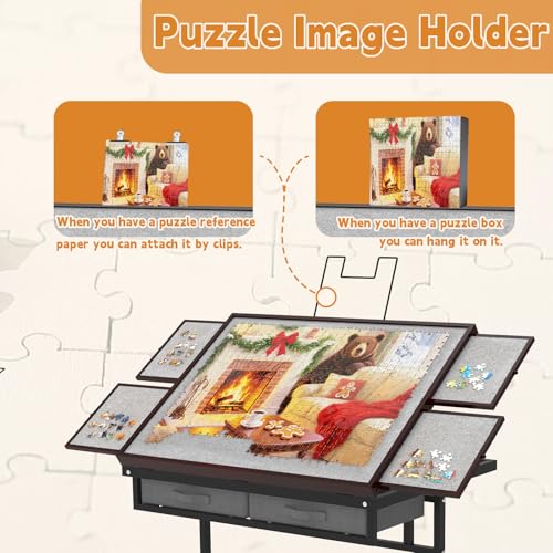 Image of Puzzle Table &Extra Storage Space,2000pcs Adjustable Five Up Angles Puzzle Tables for Adults with Drawers,Puzzle Board with Drawers