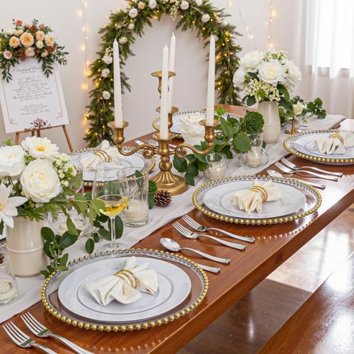 Image of WDF 200pcs White Plastic Plates Disposable - Heavy Duty Plastic Plates for Party - Include 100 x 10 Dinner Plate and 100 x 7 Dessert /Cake Plate - Ideal for Weddings /Parties /Events