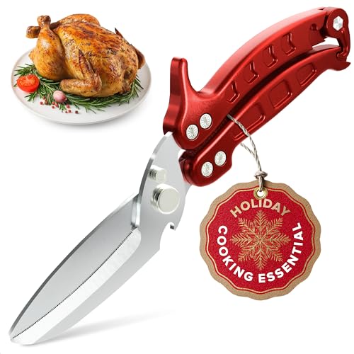 4-in-1 Kitchen Shears Heavy Duty – Sharp Seafood, Turkey Shears & Chicken Scissors with Non-Slip Metal Handle & Micro-Serrated Blades for Meat – Spring-Loaded Bone Cutting Scissors with Safety Lock