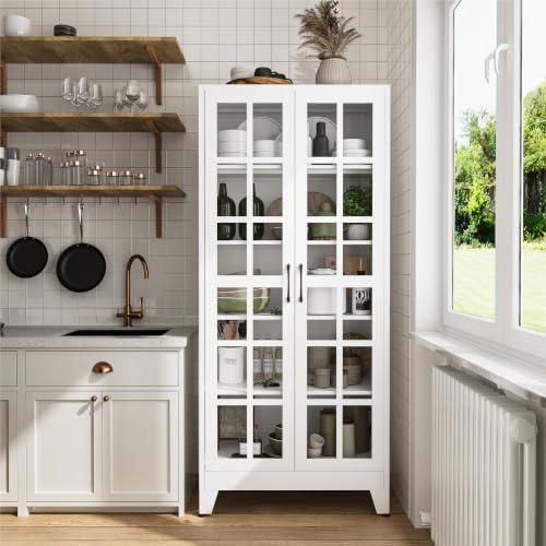 Image of COFaR 71 inch Tall Metal Storage Cabinet with Glass Doors and Shelves, White | 71-inch metal pantry cabinet with 5-tier storage, 4 adjustable shelves, square-grid glass doors, and black handles