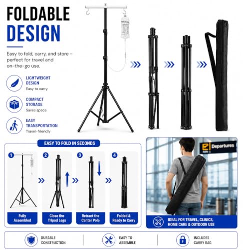 Image of 6ft Adjustable Iron IV Drip Stand with 2 Hook Holder & Carry Bag, Portable Saline Glucose Stand, Hospital IV Pole for Clinic, Home Care, Patient Room & Medical Use