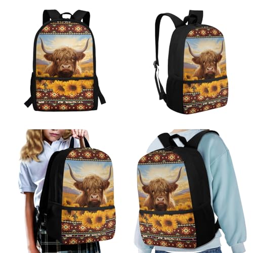 Kids Backpacks for 7th Grade with Lunchbox,Pencil Case,Water Bottle Sleeve,Western Aztec Highland CowSchoolbags for Kindergarten Preschool Schoolbag Boys/Girls Bookbag School Backpack2