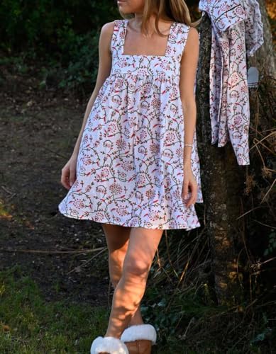 Image of Women Tie Shoulder Mini Dress Floral Ruffle Babydoll Dress Boho Square Neck Sundress Cute Summer Dresses