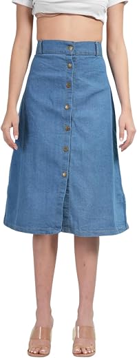 Women’s High Waist A-Line Denim Midi Skirt with Front Buttons – Knee Length Casual Blue Jean Midi Skirt with Belt Loops