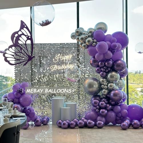 Image of MEBAY Black Purple and Silver Balloons Arch Kit, 146 Pcs Matte Black Light Purple Confetti Chrome Silver Balloons for Graduation Birthday Party Baby Shower Wedding Decorations