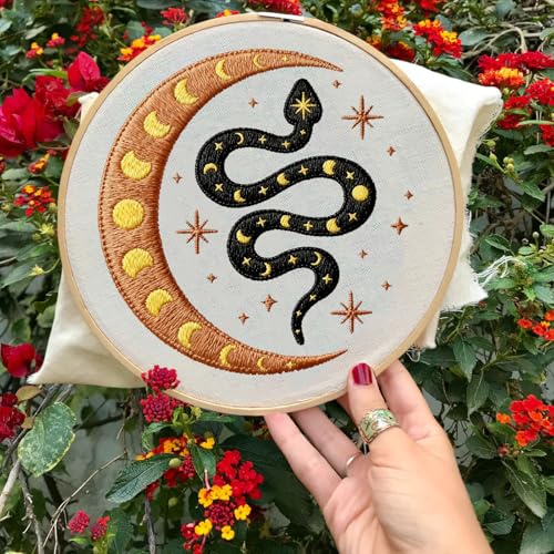 Image of INFUNLY 4pcs Evil Eyes Embroidery Starter Kit for Beginners Moth Cross Stitch Kits for Adults Sun and Moon Stars Snake Stamped Stitches Embroidery Sewing Kit with Patterns Instructions for DIY