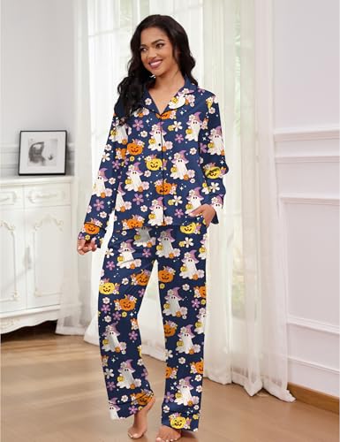 Image of SHESHOW Satin Pajamas Set for Women Set Long Sleeve Button Down Pjs Sets 2 Piece Loungewear Animal Sleepwear XS-XXL