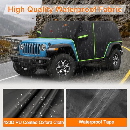 Image of Cab Car Cover for Jeep Wrangler JK JL 4 Door Rain Cover with 420D Oxford, Full Door Car Covers Waterproof All Weather Sun Rain UV Protection Wrangler 4 /2 Door with Hardtop