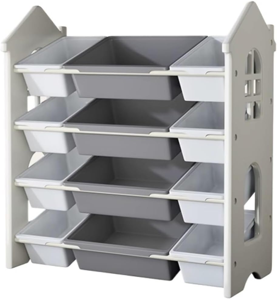 おもちゃ箱 収納 入園祝い 4段プラスチックおもちゃ収納オーガナイザー、12個の取り外し可能なおもちゃ箱付きおもちゃオーガナイザーと