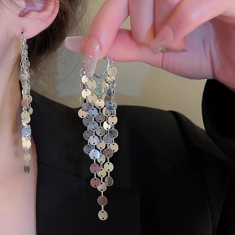 Sequin Metal Tassel Earrings Disc Tassel for Women 18K 14K Gold Plated Trendy Dainty Earrings Lightweight Sparkly Chandelier Hoops Small Leaf4