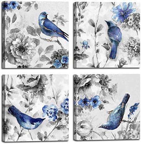 Canvas Wall Art Beautiful Watercolor blue Bird and flower Painting 4 pcs Wall Art Print on Contemporary Home Bedroom Wall Decoration Wrapped with Wooden Frame Ready to Hang (12x12inchx4pcs, blue1)