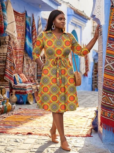 Image of FANDEE Plus Size Midi Dress for Women - Printing Summer Dresses for Wedding Guest Cocktail Party 3 /4 Sleeve V Neck(L-5XL)