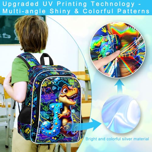 Image of 3Pcs Dinosaur Backpack, 16 inch Boys Bookbag with Lunch Box, Kids School Backpacks Set for Elementary Preschool Kindergarten (Balck)