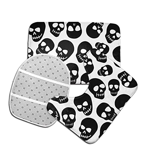 DIRYKILP Badematte + Konturmatte + Toilettendeckelbezug, Easy Black Skull 3 Stück Badematte Set, mit rutschfester Klebeunterseite – Bild 5