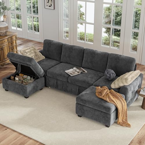 Image of Hanherry 104 inch Sectional Couch with Pull Out Sofa Bed,Chenille Sleeper Sofa with Storage Ottoman & USB Charging,Comfy U Shaped Modular Couches for Living Room,Apartment