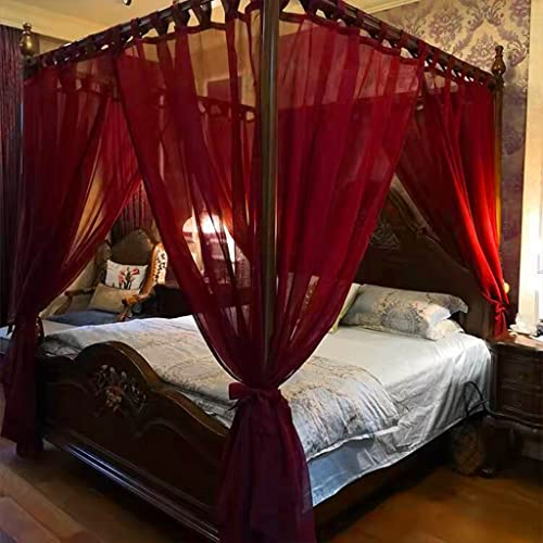 Red Romantic 4 Corner Post Luxury Bed Canopy Curtain Canopy Without Top Cover for Girls Women Adult Wedding Bedroom Kids Rooms Bed Decoration (Red Linen-Without Top Cover, California King)