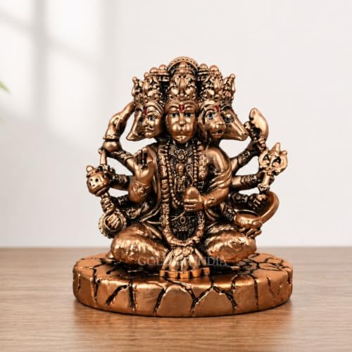 Image of Gold Art India Panchmukhi Hanuman Idol | Copper Antique Matte Finish Murti | Premium Polyresin Statue | Spiritual Home Decor for Mandir, Office & Car Dashboard | Premium Gift | 4 Inch