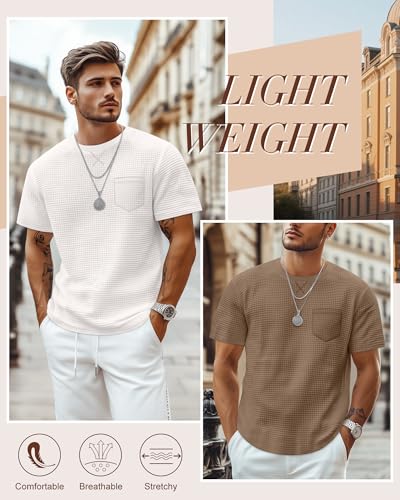Riyiper 3 Pack Men's Casual Waffle T Shirts Summer Crewneck Short Sleeve Tops Basic Vintage Knit Tee with Pocket3