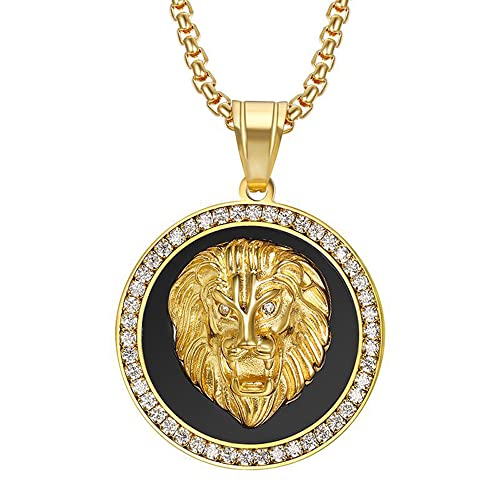 Jemant Lion Head Necklace For Men Women Gold Silver Pendant Shield Roar Round Rhinestones Stainless Steel Punk Goth Cool Viking Vintage Lion Necklace For Him Huaband Boyfriend, Metal, Cubic Zirconia