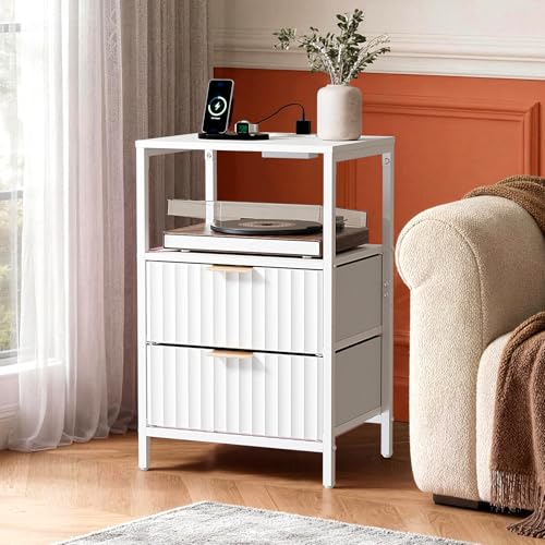 Image of VINGLI White Nightstands Set of 2 with Fabric Drawers, Fluted Nightstand with Charging Station, Night Stand Set 2 White Side Table with Charging Station for Bedroom, Dorm