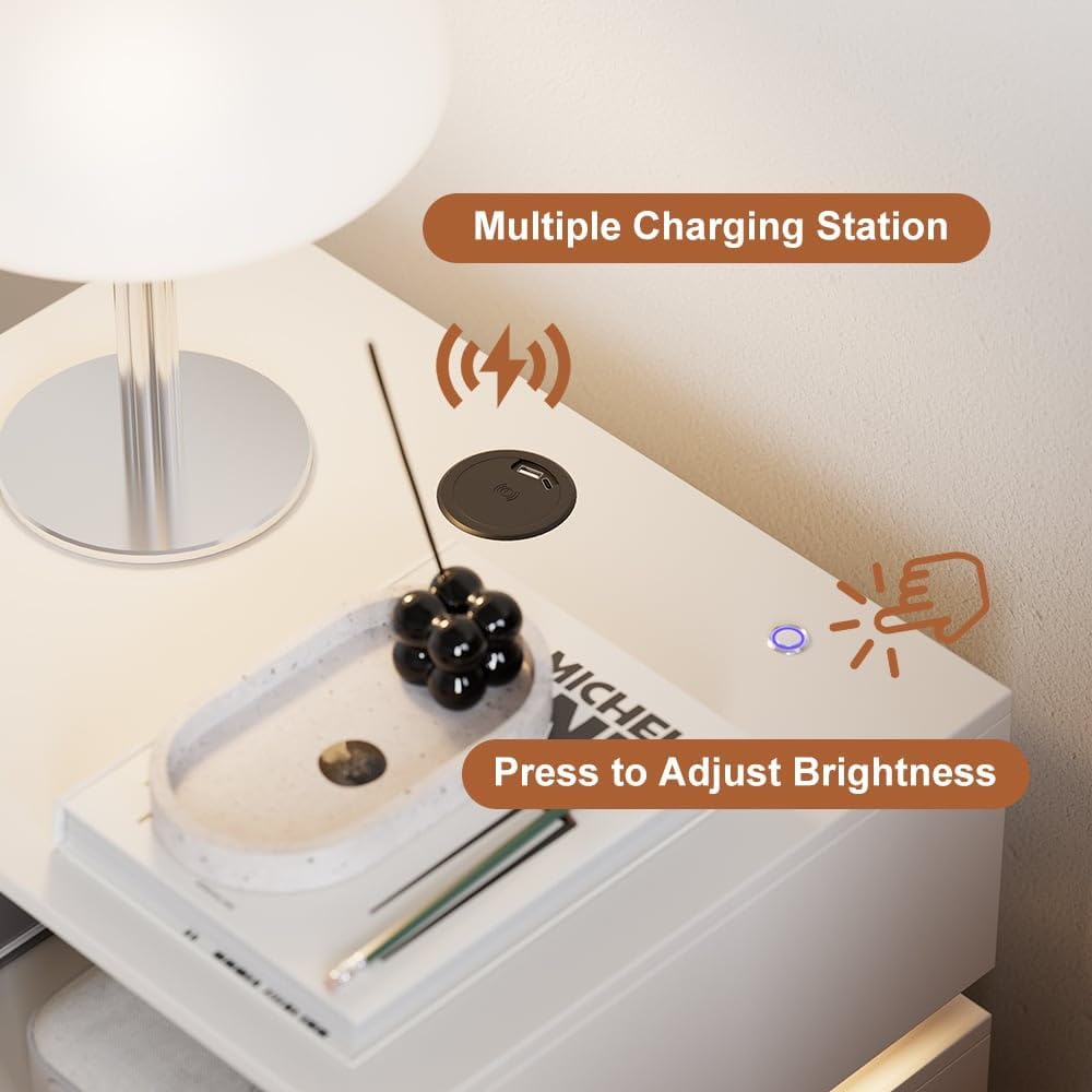 homary Comodino moderno con stazione di ricarica wireless, comodino con 3 cassetti, comodino bianco con luce LED