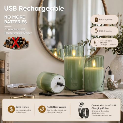Image of Homemory Rechargeable Sage Green Glass Flameless Candles with Remote Timer, 3 Pack