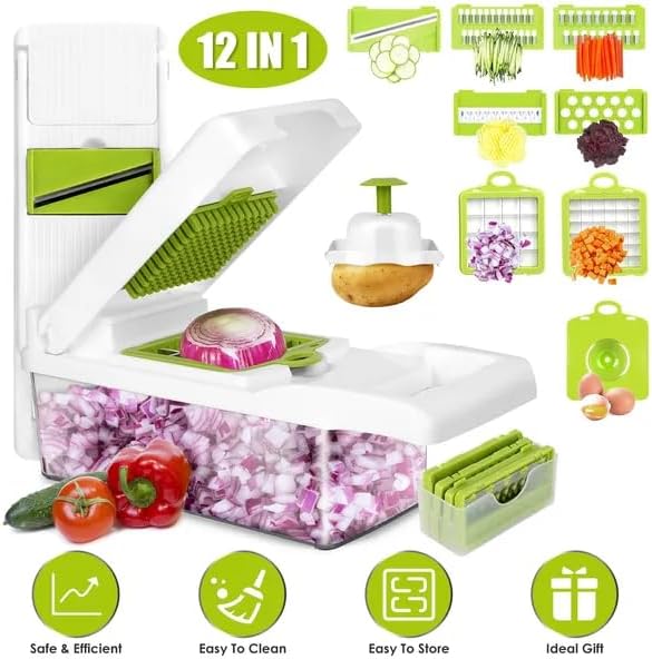 12 in 1 Vegetable Chopper with Container, Kitchen Food Slicer Dicer Grater, White and Green