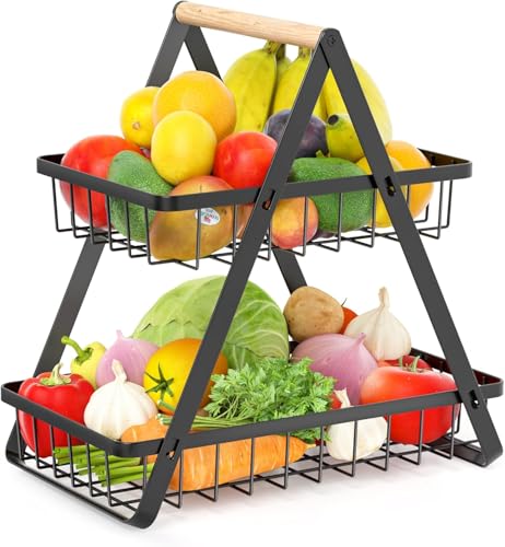 2 Tier Fruit Basket,Vegetable Rack,Bread Basket,Detachable Mesh Fruit Baskets With Wooden Handle,Vegetable Storage Rack For Kitchens Home,Office,Vegetables,Onion,Banana,Potato,Snack Basket(Black)