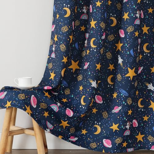 Image of Navy Blue Star Moon Theme Blackout Curtains 84 Inches Long for Boys Bedroom