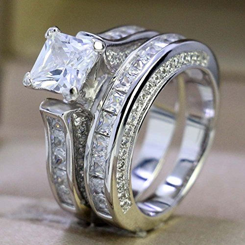 White Gold Plated Womens Wedding Ring Sets Bridal Sets Princess Cut Cz Engagement Ring Wedding Bands3