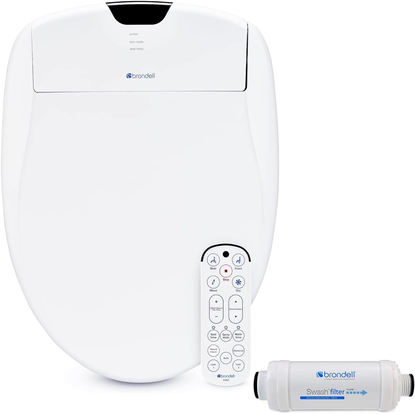 Brondell S1400-EW & SWF44 Bundle - Electric Bidet Toilet Seat with Premium Carbon Water Filtration System for Elongated Toilets