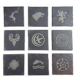 Tamaño: 10 x 10 cm. Posavasos de pizarra grabados inspirados en los blasones de las casas de Juego de Tronos, paquete de 9 piezas
