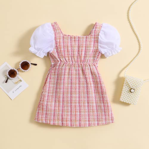 Toddler Baby Girls Tweed Plaid Dress Square Neck Puff Short Sleeve Fake Pockets Elegant Party Clothes3