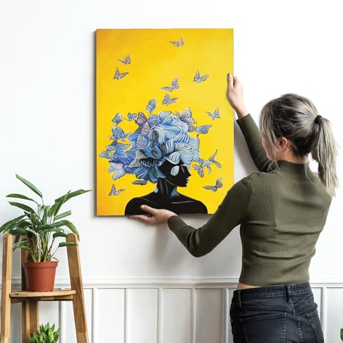 Image of PAINTINGMANTRA Stretched Modern Canvas Wall Art Painting, Women Blue Butterflies Artwork for Living Room, Home, Bedroom, Office Decoration (Set of 1, 16x22 Inch)