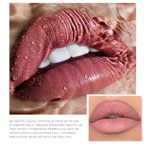 Nude Pink Lipsticks Matte Liquid Lipstick for Women, Pink Highly Pigmented Creamy Matte Lip Gloss Waterproof Long Lasting Lip Stain Non-Sticky Not Fade Liquid Lipstick Make Up Gift - Image 5