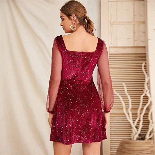 GUOLYQF Galaxy Print Contrast Sheer Mesh Sleeve Christmas Velvet Dress  Women Spring Square Neck A Line Party Short Flared Dresses M Burgundy :  Amazon.fr: Mode