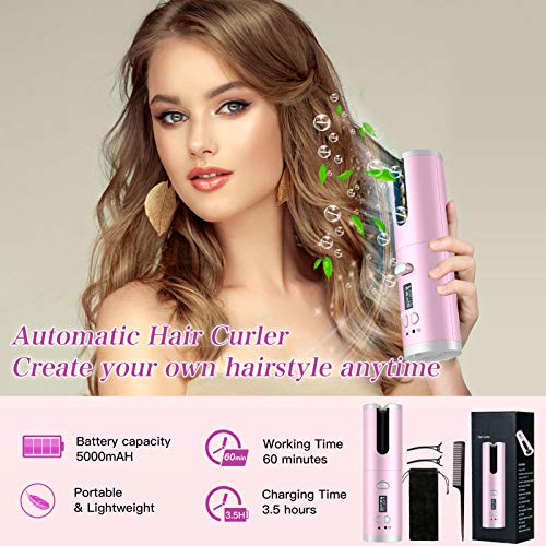 Cordless Auto Hair Curler, Automatic Curling Iron with 6 Temperatures & Timer Settings & Auto Shut-Off Portable Rechargeable Anti-Tangle Hair Curling Iron Wand for Hair Styling Anytime Anywhere (pink)