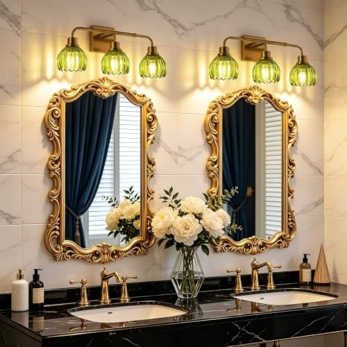 Image of Ralbay Vintage Bathroom Light Fixtures,Gold Bathroom Vanity Light,Matte Antique Brass Finish with Green Crystal Glass Shade,Wall Sconces Lighting for Bedroom,Living Room,Hallway(3-Light)