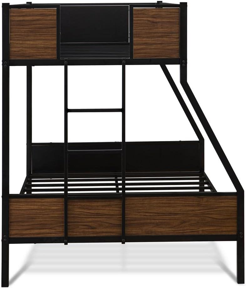 East West Furniture JAFTBLK Jackson Full Twin Bunk Bed - Two Split Beds, A Ladder with Two Steps and Guard Rails - Twin/Full-Size Bunk Bed - Powder Coating Black Color