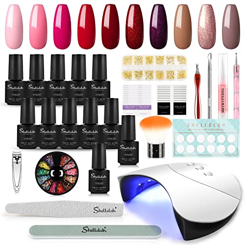 SHELLOLOH 10pcs Kit de Esmaltes Semipermanentes Esmaltes en Gel Uñas Soak off 7ml Lámpara LED/U-V Uñas 36W Secador de Uñas Base Coat Top Coat Manicura Pedicura Kit Cover