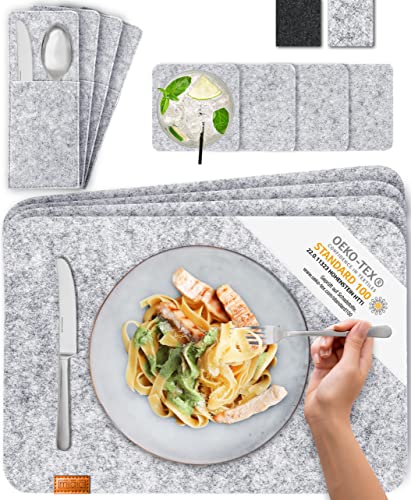 MIQIO® Scandi Style Felt Place Mats with real Leather Label - Washable, Light Grey / Rectangular, Set of 4 with accessories