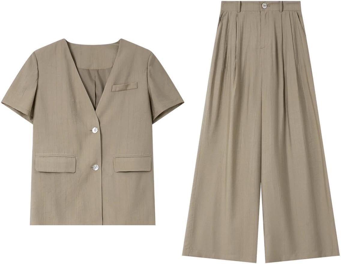 Womens Two Piece Blazer and Pant Suit V Neck Summer Matching Workwear Outfit for Office Business